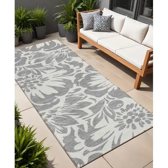 Gray and Ivory Floral Washable Non Skid Indoor Outdoor Runner Rug Photo 1