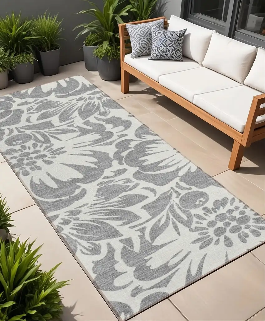 Gray and Ivory Floral Washable Non Skid Indoor Outdoor Runner Rug Photo 1