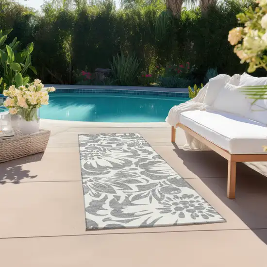 Gray and Ivory Floral Washable Non Skid Indoor Outdoor Runner Rug Photo 8