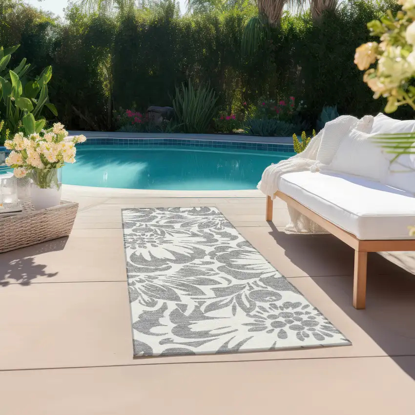 Gray and Ivory Floral Washable Non Skid Indoor Outdoor Runner Rug Photo 8