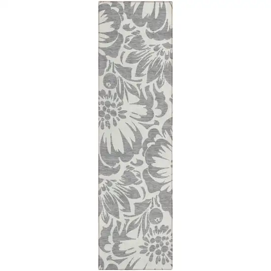 Gray and Ivory Floral Washable Non Skid Indoor Outdoor Runner Rug Photo 2