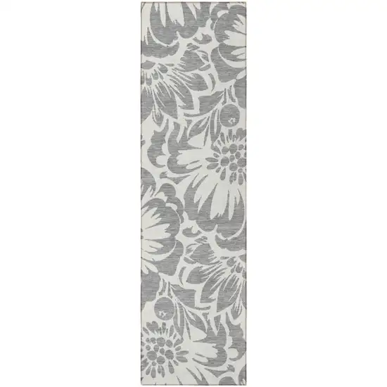 Gray and Ivory Floral Washable Non Skid Indoor Outdoor Runner Rug Photo 4