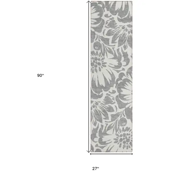 Gray and Ivory Floral Washable Non Skid Indoor Outdoor Runner Rug Photo 3