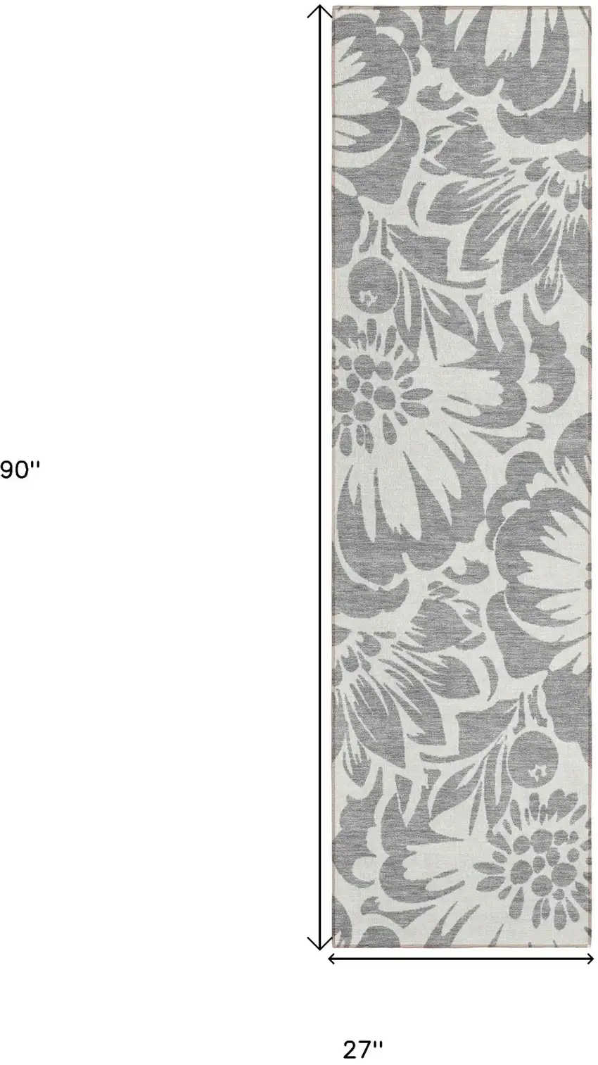 Gray and Ivory Floral Washable Non Skid Indoor Outdoor Runner Rug Photo 3