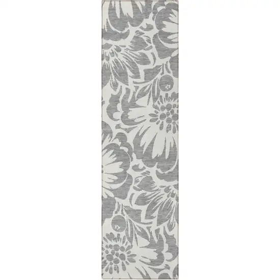 Gray and Ivory Floral Washable Non Skid Indoor Outdoor Runner Rug Photo 5