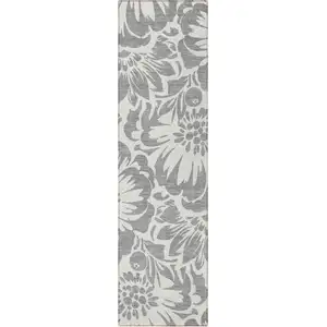 Photo of 8' Runner Gray and Ivory Floral Washable Non Skid Indoor Outdoor Runner Rug