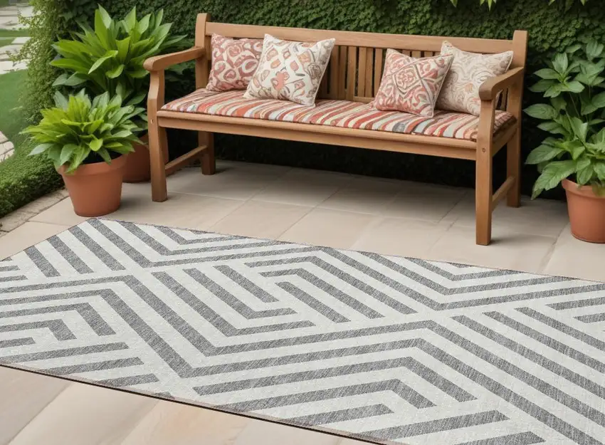 8' Gray And Ivory Geometric Washable Indoor Outdoor Runner Rug Photo 1