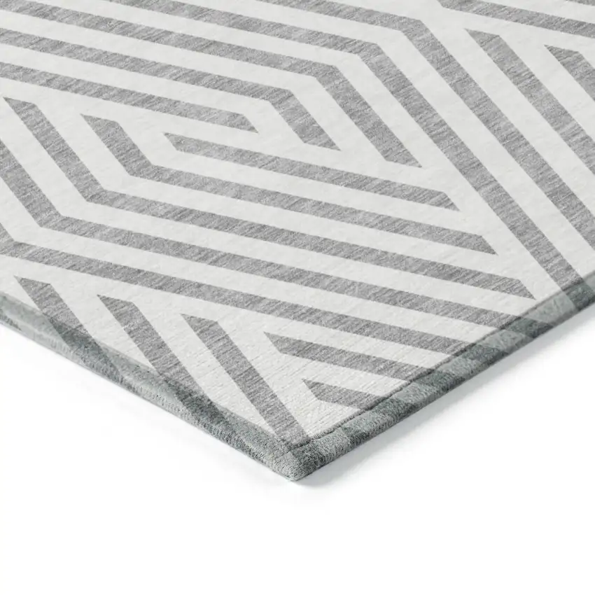 8' Gray And Ivory Geometric Washable Indoor Outdoor Runner Rug Photo 4