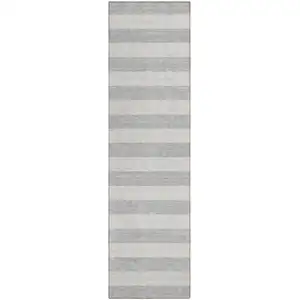 Photo of 8' Runner Gray and Ivory Striped Washable Non Skid Indoor Outdoor Runner Rug