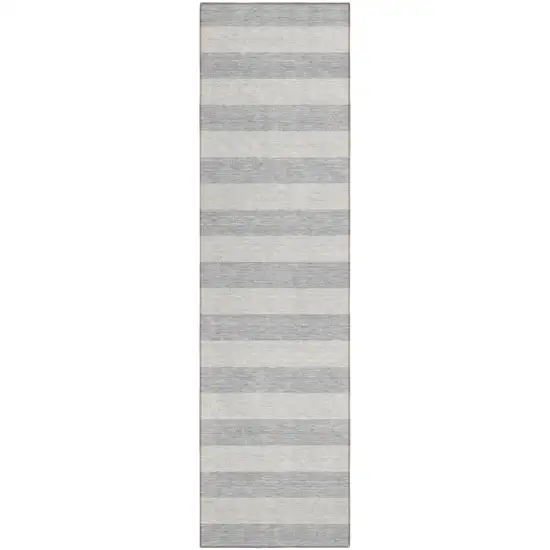 8' Runner Gray and Ivory Striped Washable Non Skid Indoor Outdoor Runner Rug Photo 2