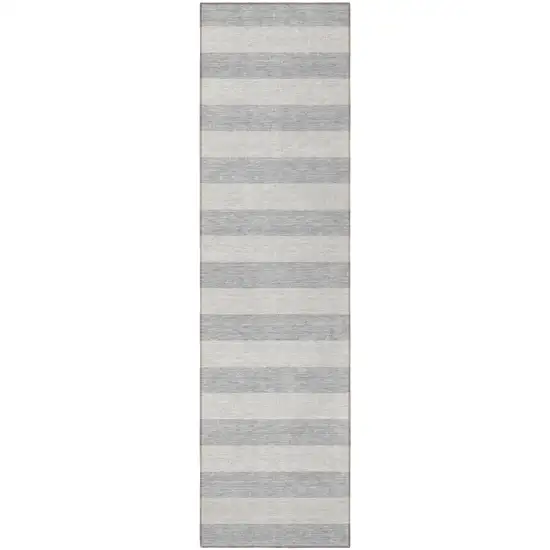Gray and Ivory Striped Washable Non Skid Indoor Outdoor Runner Rug Photo 4