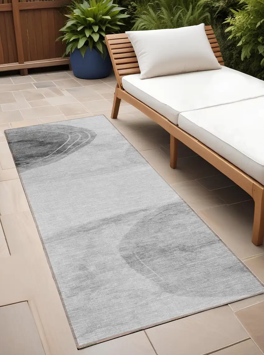 Gray and Light Gray Abstract Washable Non Skid Indoor Outdoor Runner Rug Photo 1