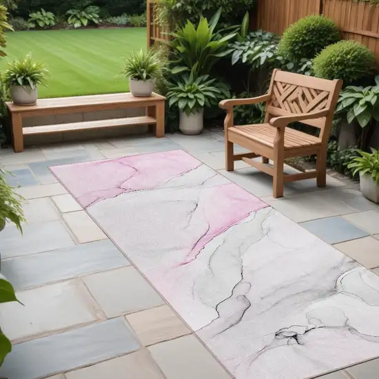 Gray and Pink Abstract Washable Non Skid Indoor Outdoor Runner Rug Photo 1