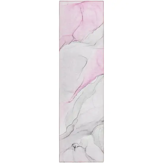 8' Runner Gray and Pink Abstract Washable Non Skid Indoor Outdoor Runner Rug Photo 2