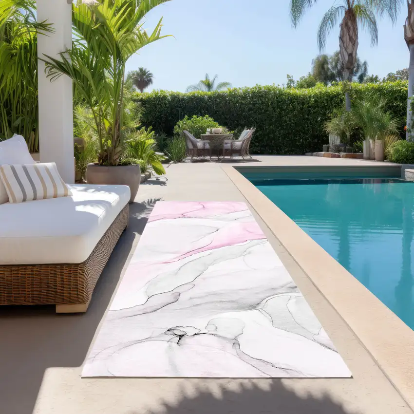 Gray and Pink Abstract Washable Non Skid Indoor Outdoor Runner Rug Photo 8