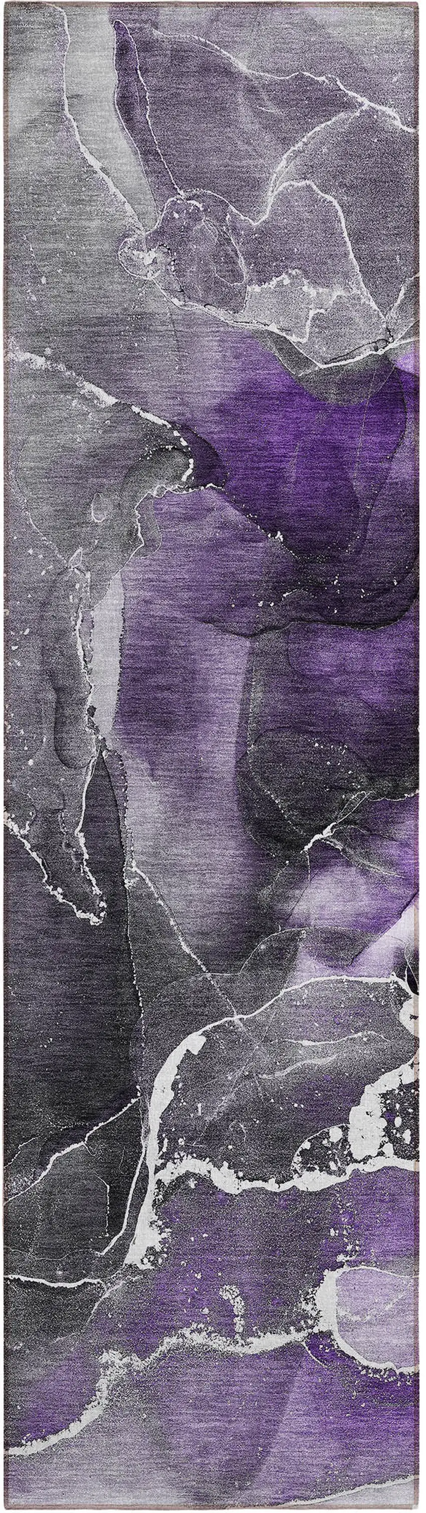 8' Runner Gray and Purple Abstract Washable Non Skid Indoor Outdoor Runner Rug Photo 2