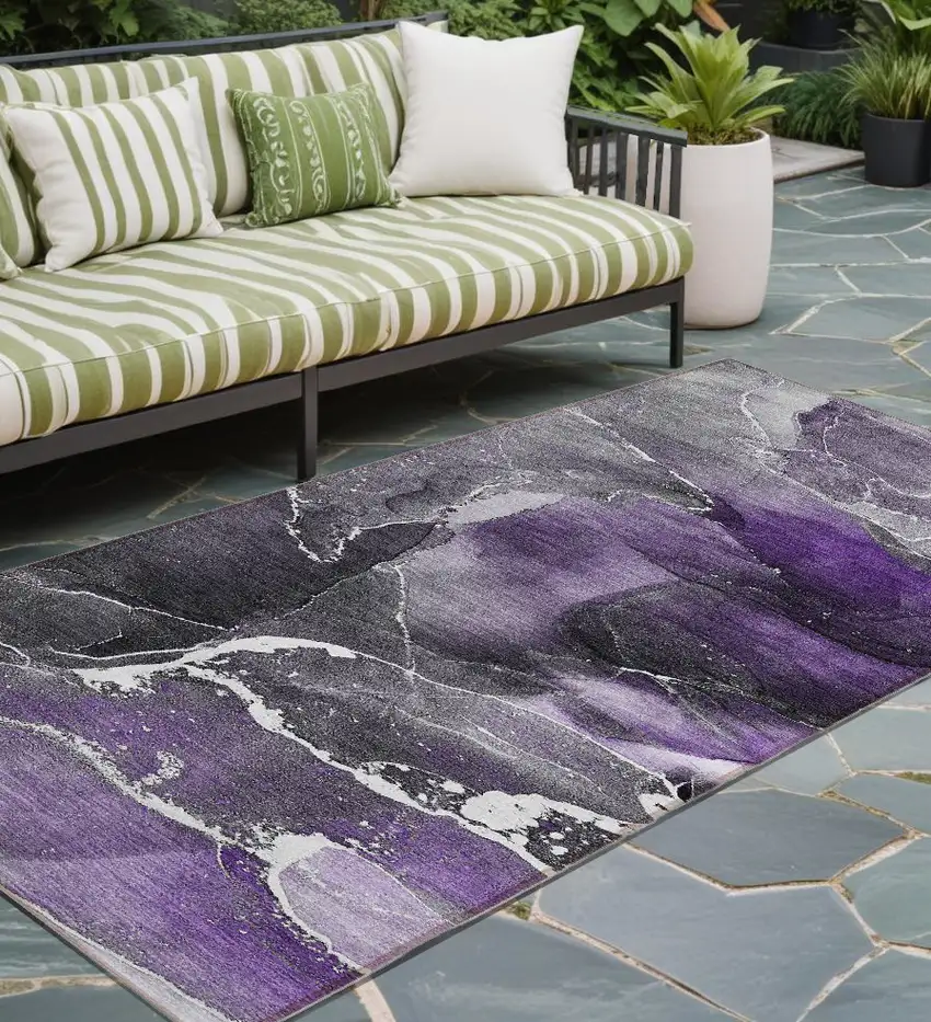 8' Runner Gray and Purple Abstract Washable Non Skid Indoor Outdoor Runner Rug Photo 1