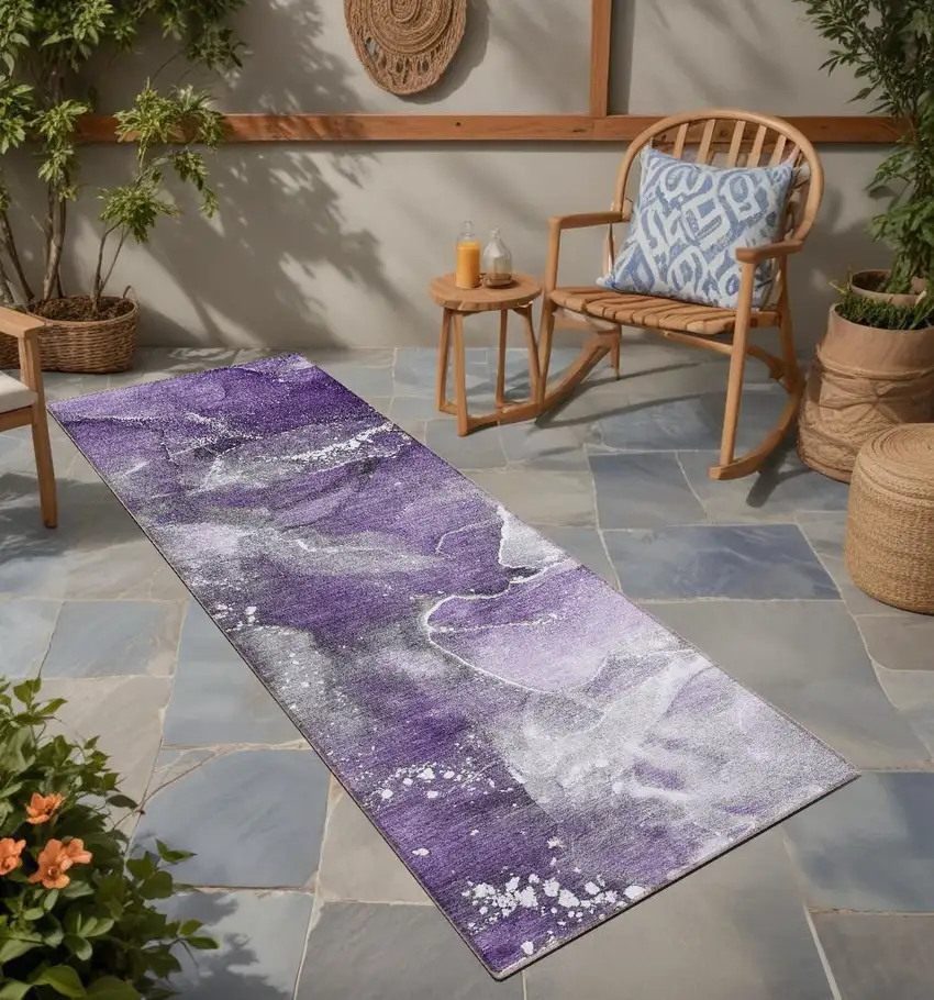 Gray and Purple Abstract Washable Non Skid Indoor Outdoor Runner Rug Photo 1