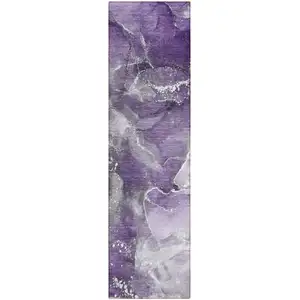 Photo of 8' Runner Gray and Purple Abstract Washable Non Skid Indoor Outdoor Runner Rug