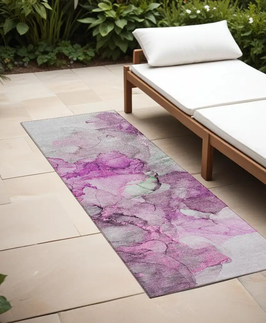 8' Runner Gray and Purple Abstract Washable Non Skid Indoor Outdoor Runner Rug Photo 1