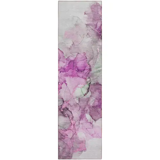 8' Runner Gray and Purple Abstract Washable Non Skid Indoor Outdoor Runner Rug Photo 2