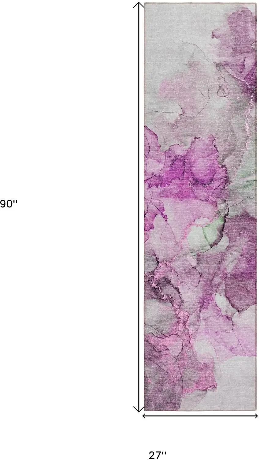 8' Runner Gray and Purple Abstract Washable Non Skid Indoor Outdoor Runner Rug Photo 3