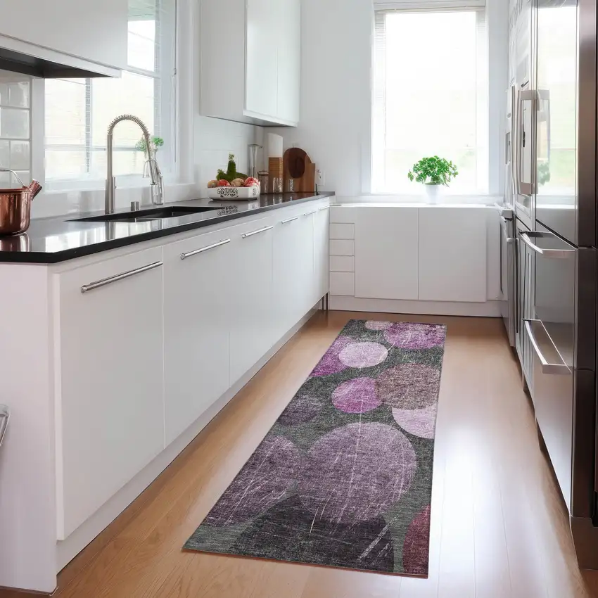 Gray and Purple Abstract Washable Non Skid Indoor Outdoor Runner Rug Photo 7