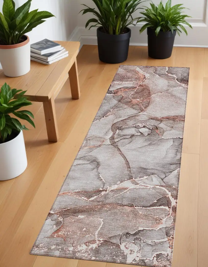 8' Runner Gray and Red Abstract Washable Non Skid Indoor Outdoor Runner Rug Photo 1