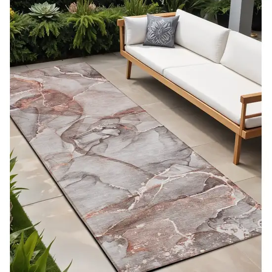 Gray and Red Abstract Washable Non Skid Indoor Outdoor Runner Rug Photo 1