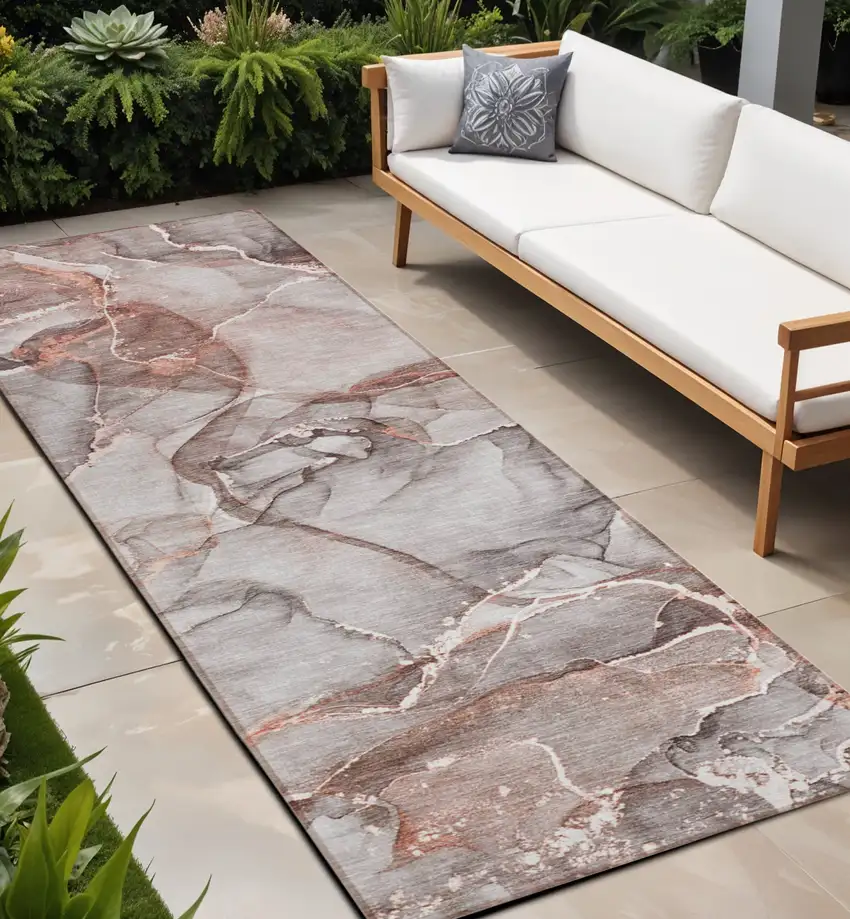 Gray and Red Abstract Washable Non Skid Indoor Outdoor Runner Rug Photo 1