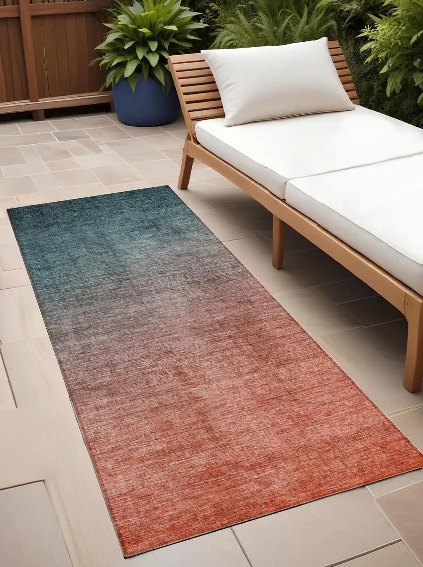 Gray and Red Orange Ombre Washable Non Skid Indoor Outdoor Runner Rug Photo 1
