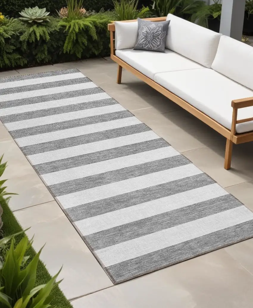 8' Runner Gray and White Striped Washable Non Skid Indoor Outdoor Runner Rug Photo 1