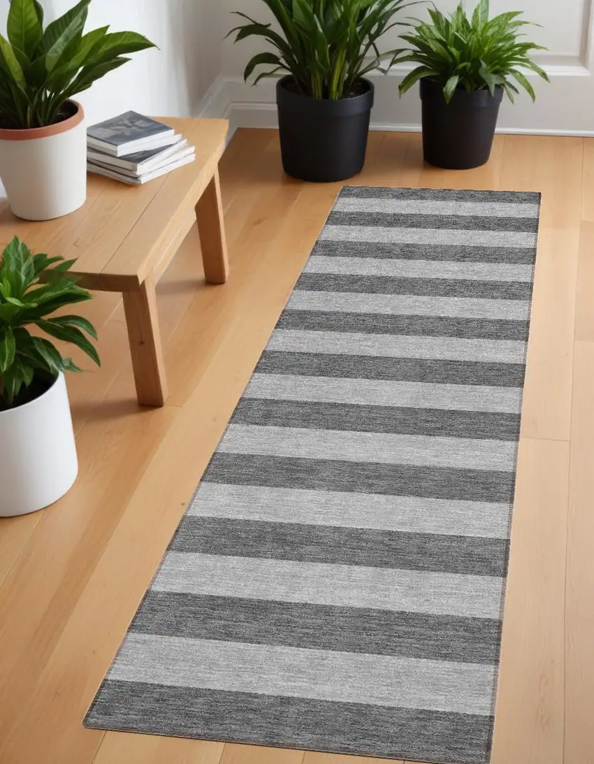 Gray and White Striped Washable Non Skid Indoor Outdoor Runner Rug Photo 1