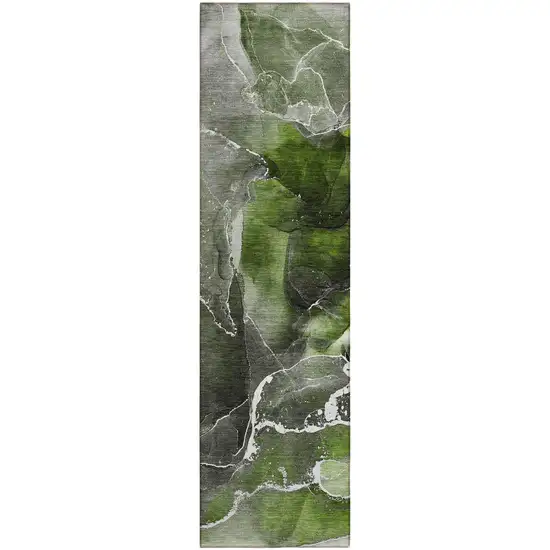 Green Abstract Washable Non Skid Indoor Outdoor Runner Rug Photo 2