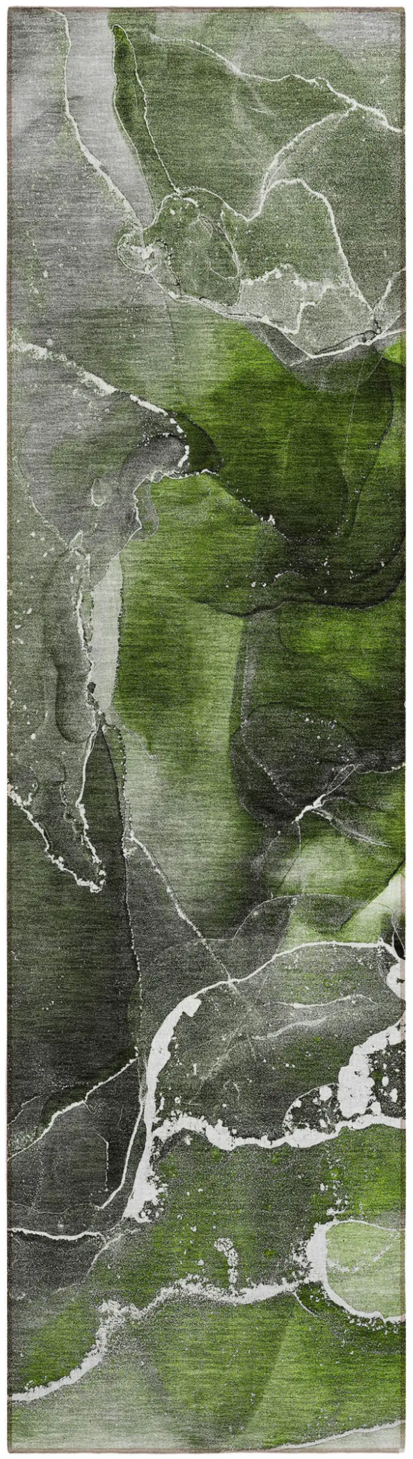Green Abstract Washable Non Skid Indoor Outdoor Runner Rug Photo 2