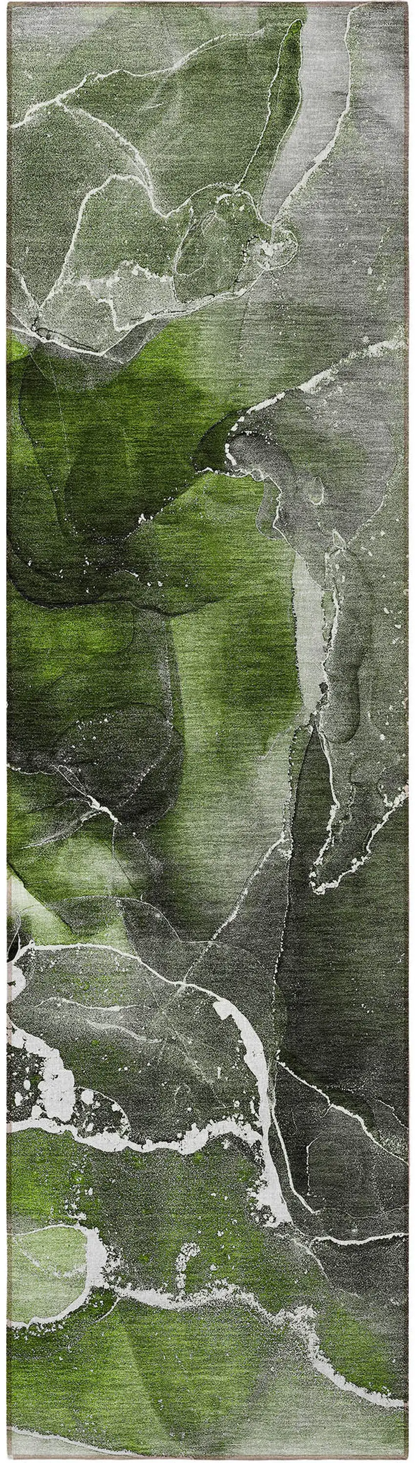 Green Abstract Washable Non Skid Indoor Outdoor Runner Rug Photo 5