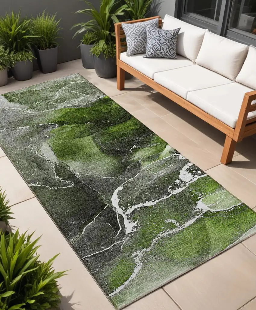 Green Abstract Washable Non Skid Indoor Outdoor Runner Rug Photo 1