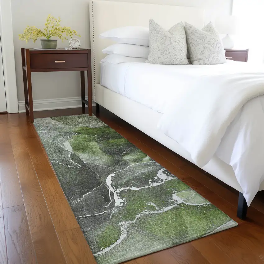 Green Abstract Washable Non Skid Indoor Outdoor Runner Rug Photo 9