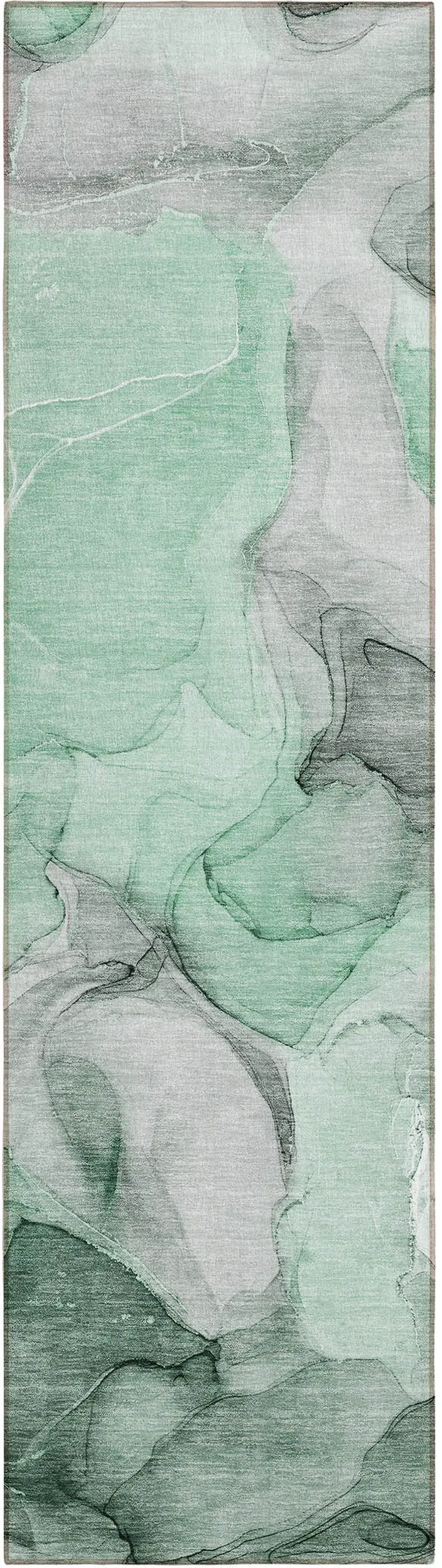 Green Abstract Washable Non Skid Indoor Outdoor Runner Rug Photo 2