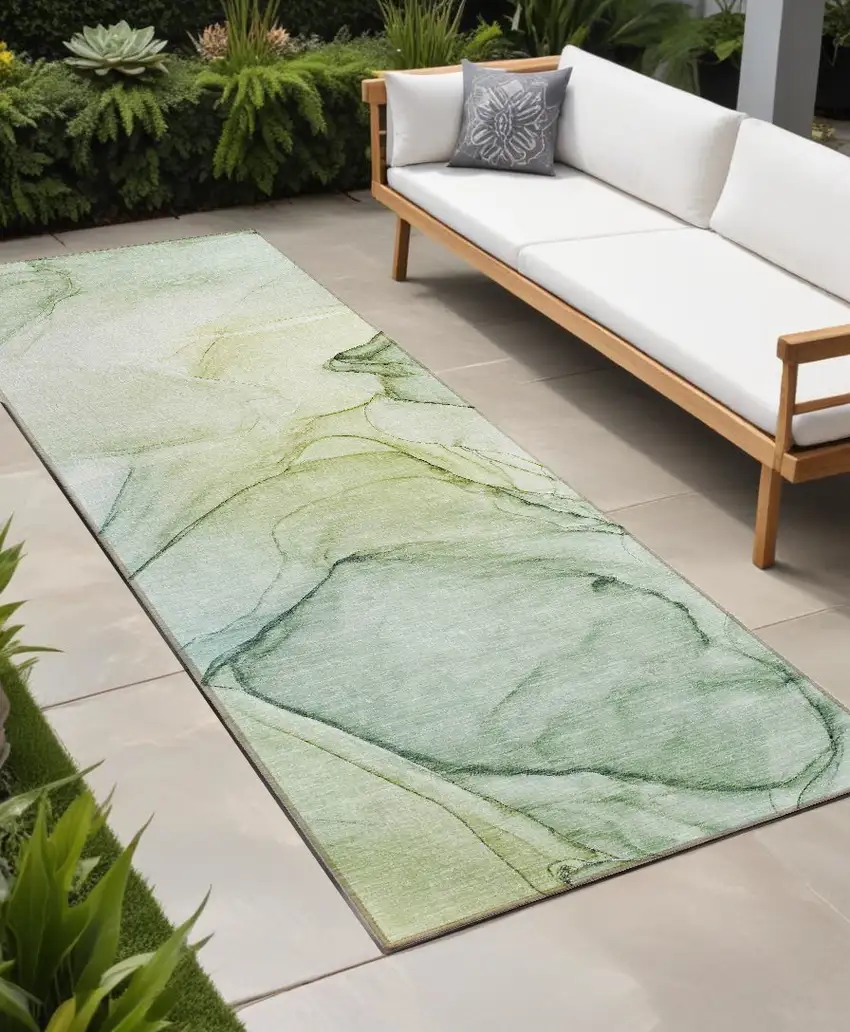 8' Runner Green Abstract Washable Non Skid Indoor Outdoor Runner Rug Photo 1