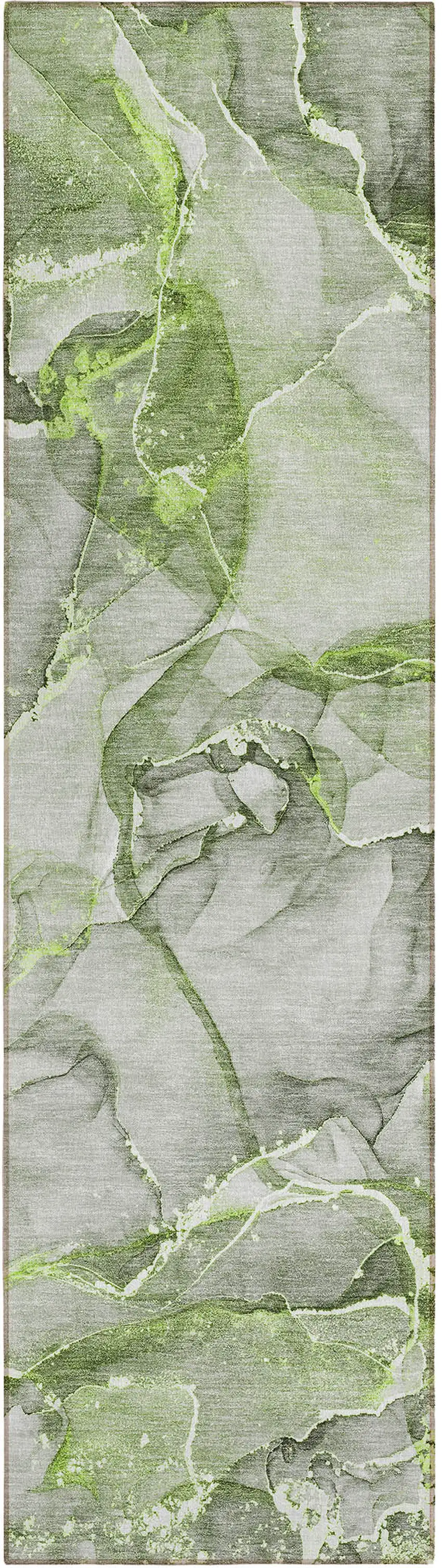 Green Abstract Washable Non Skid Indoor Outdoor Runner Rug Photo 2