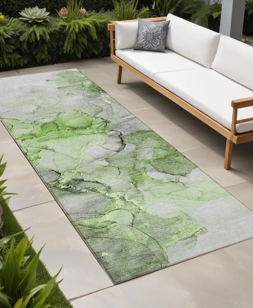 8' Runner Green Abstract Washable Non Skid Indoor Outdoor Runner Rug Photo 1