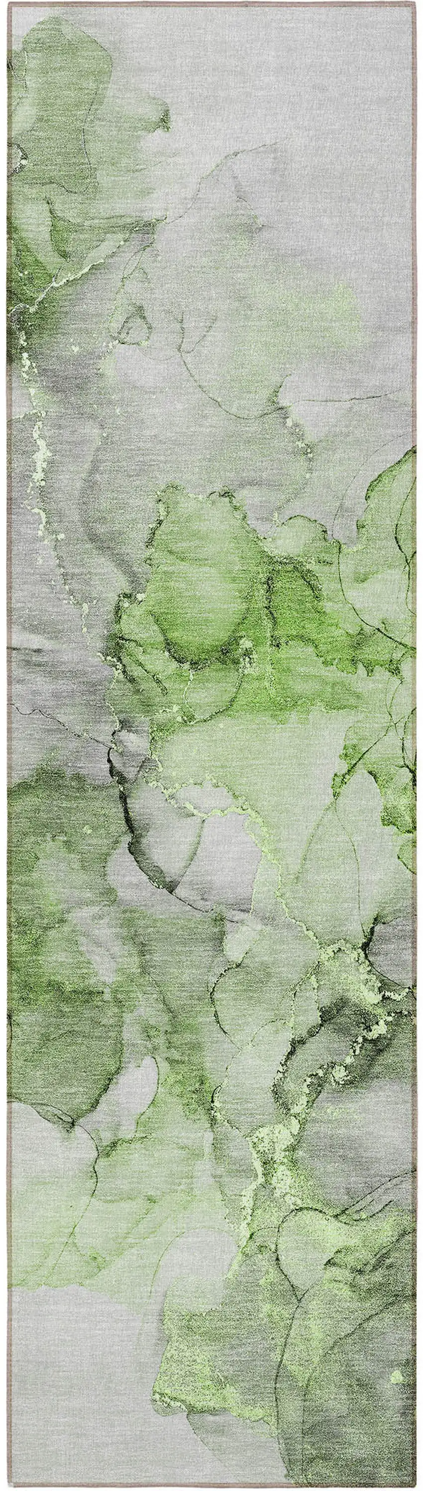 Green Abstract Washable Non Skid Indoor Outdoor Runner Rug Photo 4