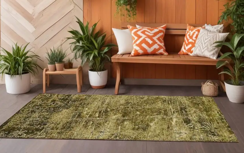 Green Abstract Washable Non Skid Indoor Outdoor Runner Rug Photo 1