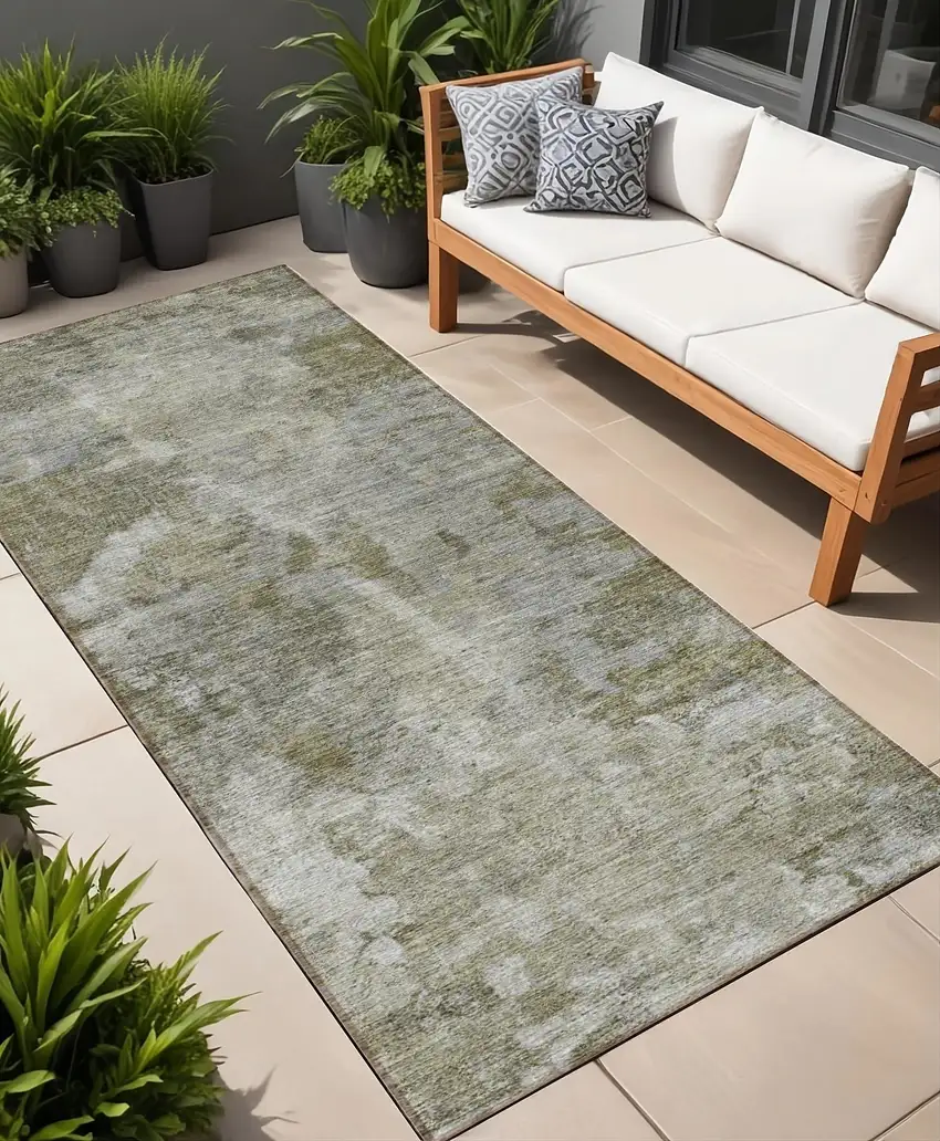 8' Runner Green Abstract Washable Non Skid Indoor Outdoor Runner Rug Photo 1