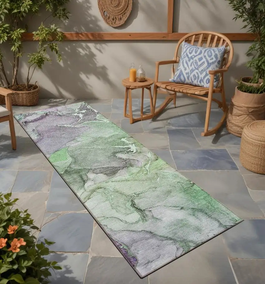 8' Runner Green Abstract Washable Non Skid Indoor Outdoor Runner Rug Photo 1