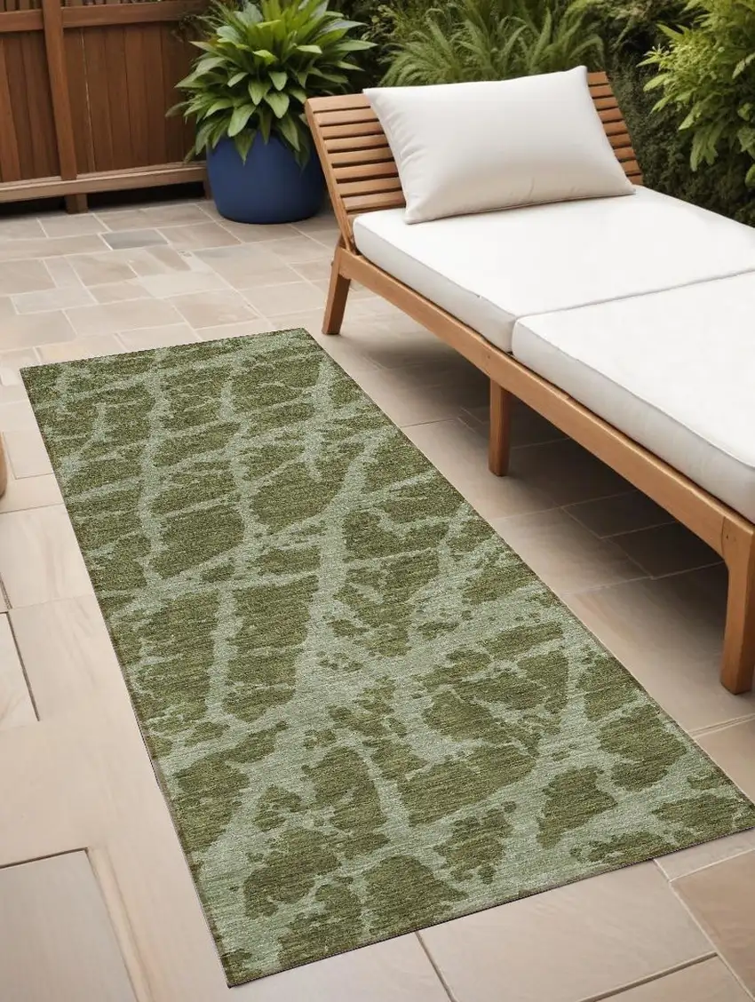 Green Abstract Washable Non Skid Indoor Outdoor Runner Rug Photo 1