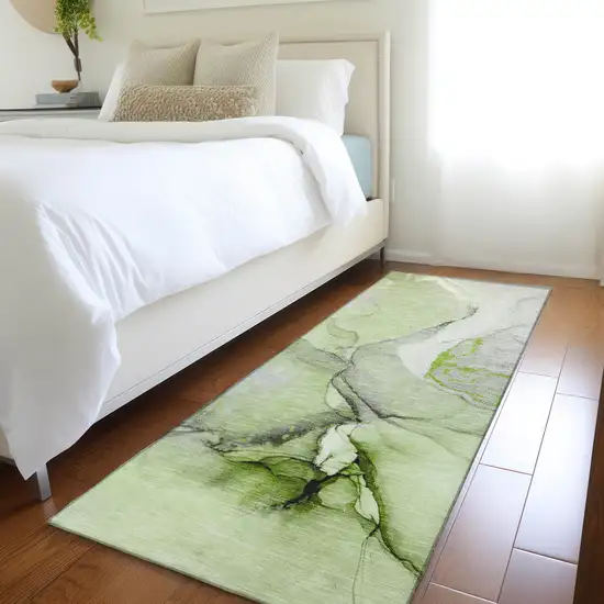 Green Abstract Washable Non Skid Indoor Outdoor Runner Rug Photo 9