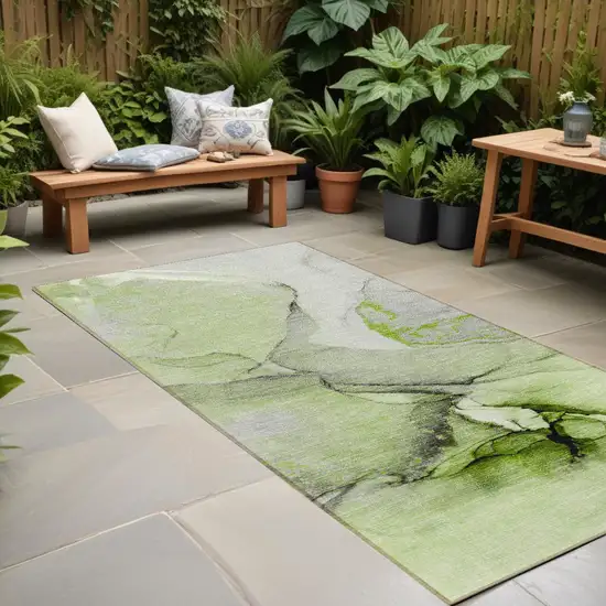 Green Abstract Washable Non Skid Indoor Outdoor Runner Rug Photo 1