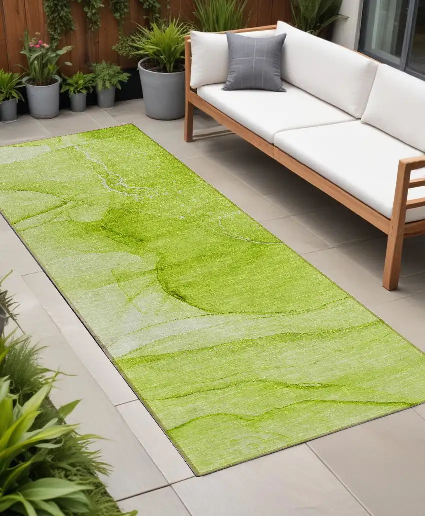 Green Abstract Washable Non Skid Indoor Outdoor Runner Rug Photo 1